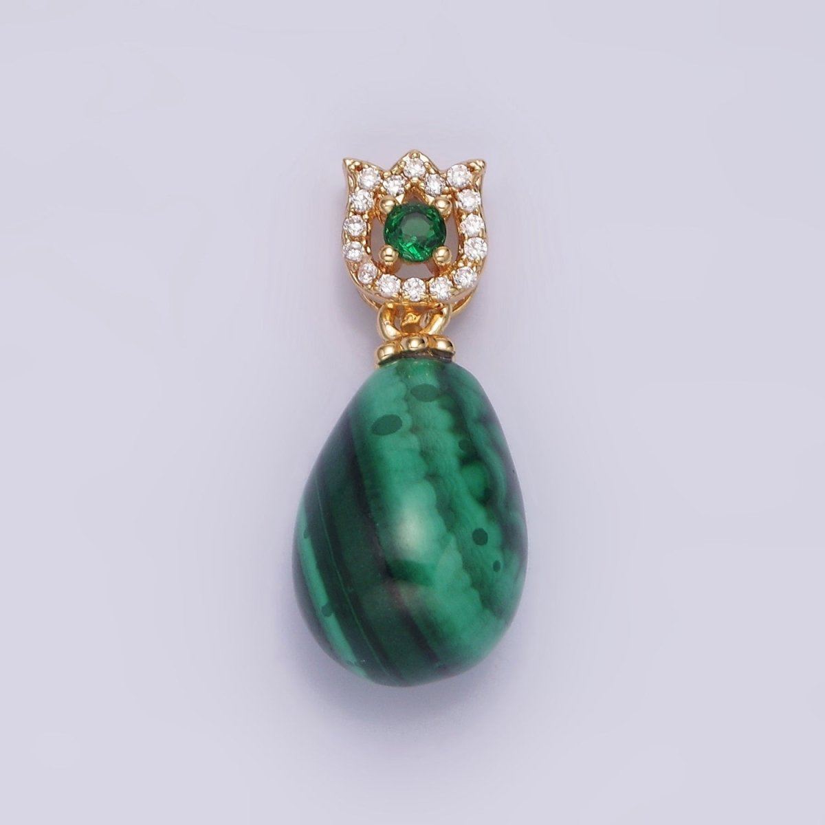16K Gold Filled Natural Gemstone Malachite Drop Micro Paved CZ Tulip Flower Bail | AA615 - DLUXCA