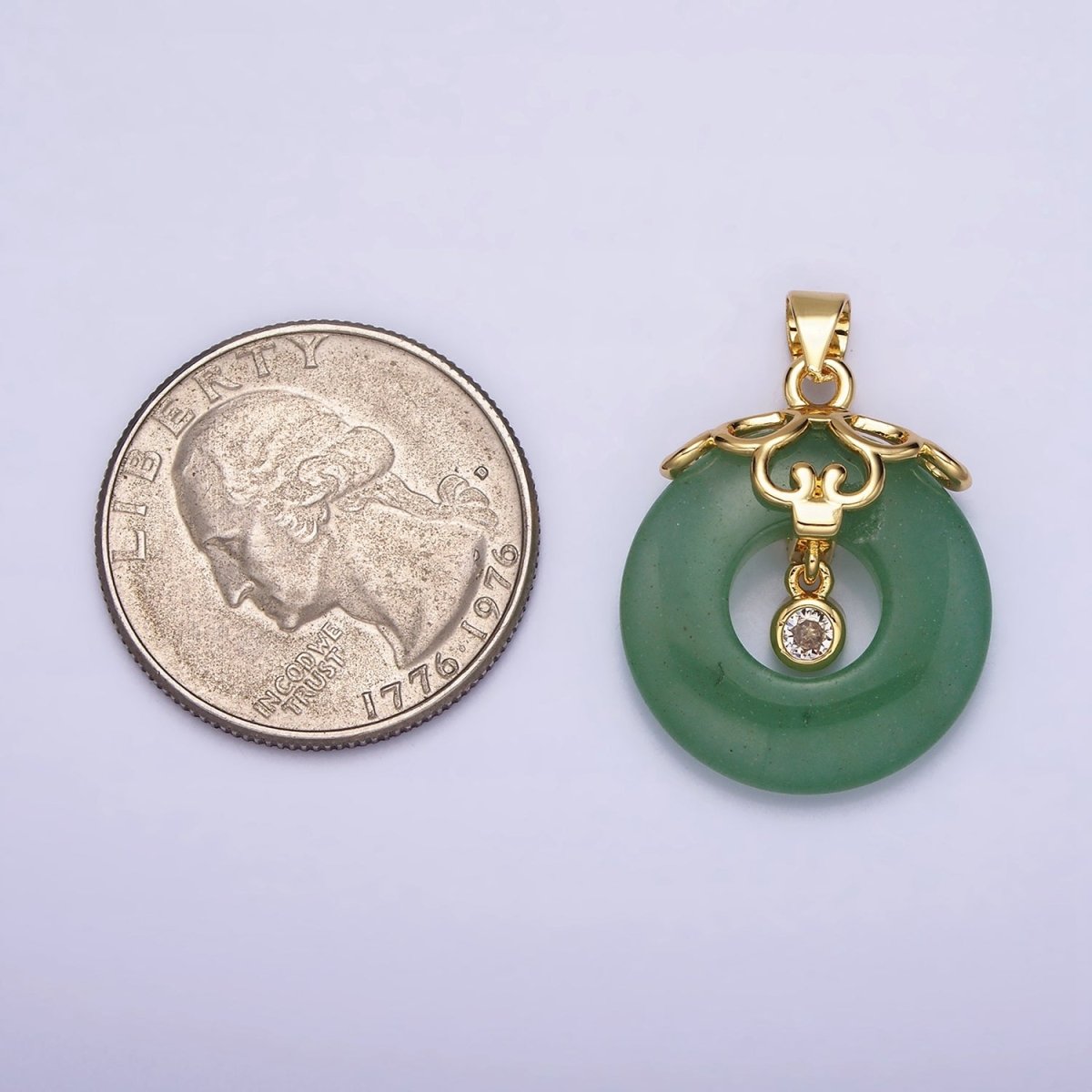 16K Gold Filled Natural Green Jade Donut Artisan Frame Clear CZ Bezel Dangle Pendant | AA532 - DLUXCA