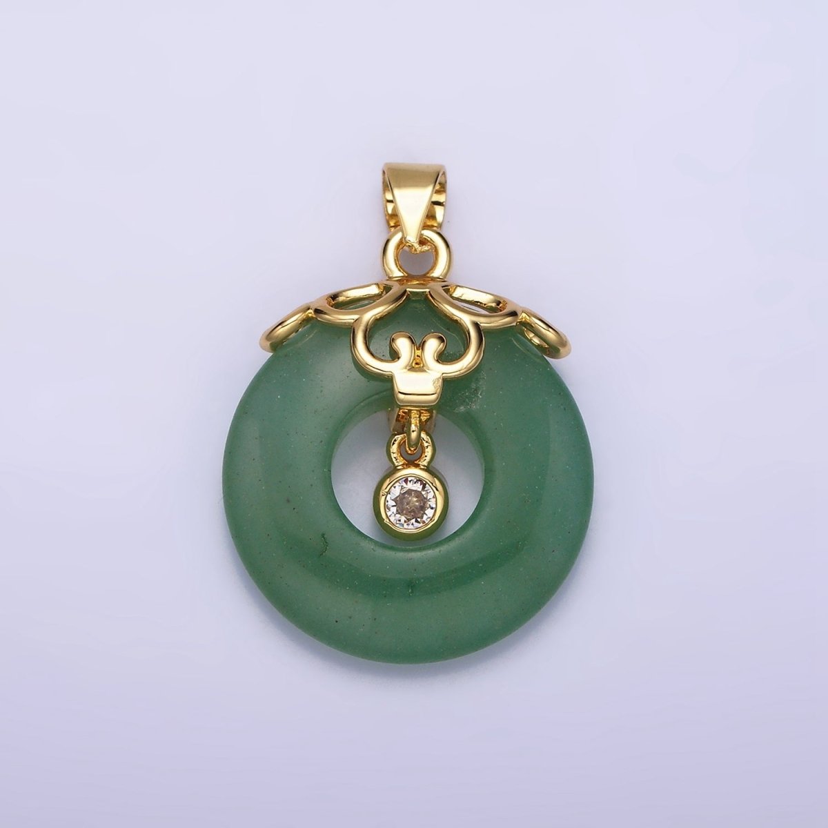 16K Gold Filled Natural Green Jade Donut Artisan Frame Clear CZ Bezel Dangle Pendant | AA532 - DLUXCA
