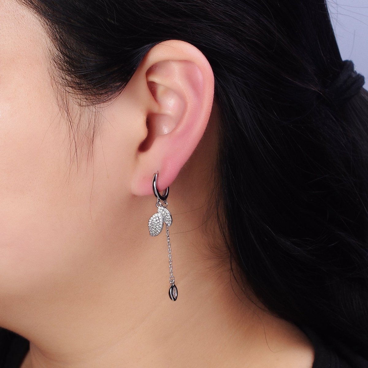 16K Gold Filled Nature Leaf Clear Marquise Cable Drop Huggie Earrings in Gold & Silver | AD863 AD864 - DLUXCA