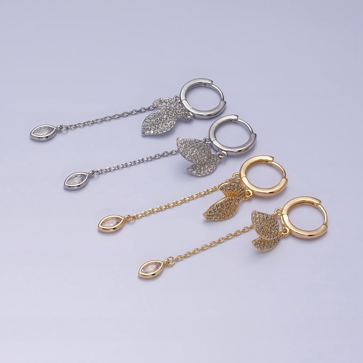 16K Gold Filled Nature Leaf Clear Marquise Cable Drop Huggie Earrings in Gold & Silver | AD863 AD864 - DLUXCA