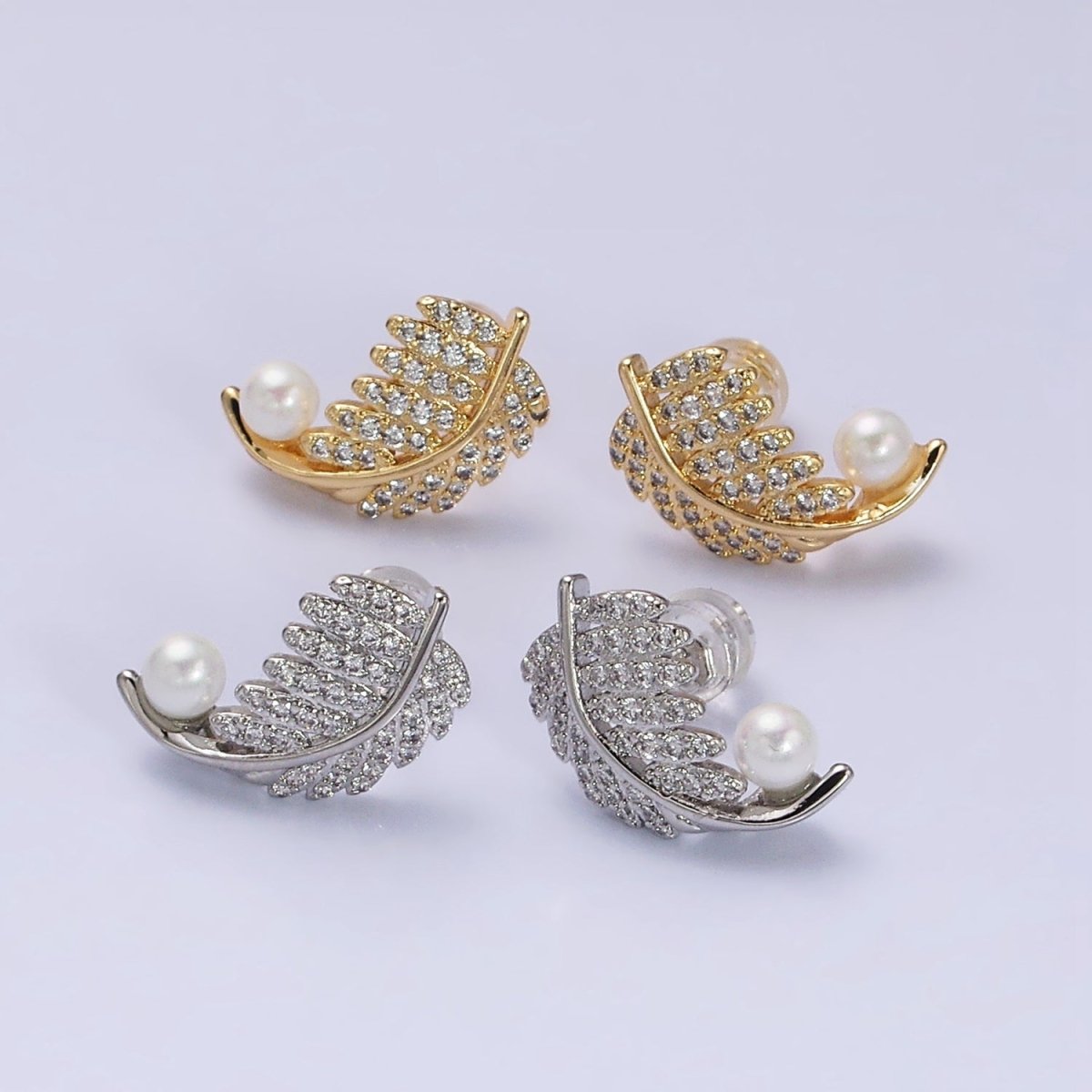 16K Gold Filled Nature Palm Leaf Micro Paved CZ Pearl Curved Stud Earrings in Gold & Silver | AD1253 AD1254 - DLUXCA