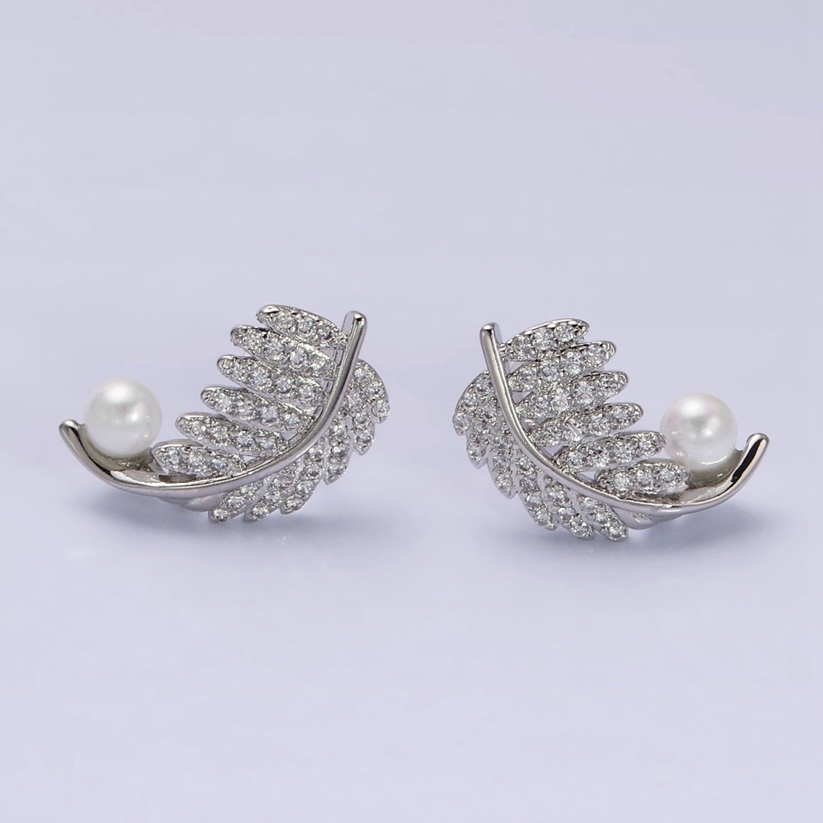 16K Gold Filled Nature Palm Leaf Micro Paved CZ Pearl Curved Stud Earrings in Gold & Silver | AD1253 AD1254 - DLUXCA
