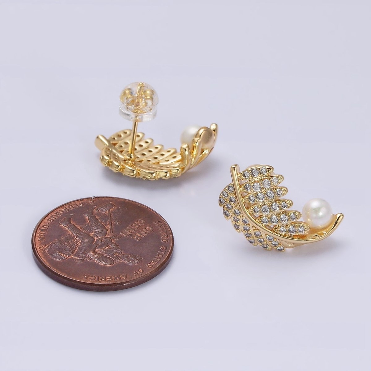 16K Gold Filled Nature Palm Leaf Micro Paved CZ Pearl Curved Stud Earrings in Gold & Silver | AD1253 AD1254 - DLUXCA