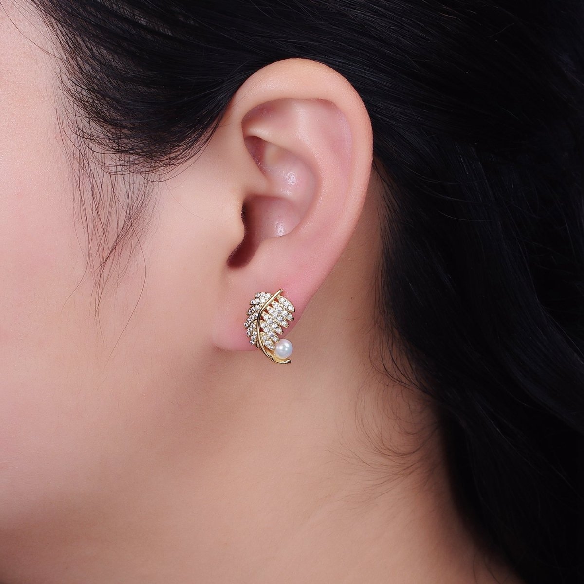 16K Gold Filled Nature Palm Leaf Micro Paved CZ Pearl Curved Stud Earrings in Gold & Silver | AD1253 AD1254 - DLUXCA