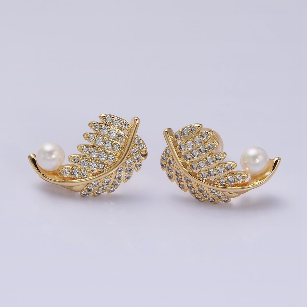16K Gold Filled Nature Palm Leaf Micro Paved CZ Pearl Curved Stud Earrings in Gold & Silver | AD1253 AD1254 - DLUXCA