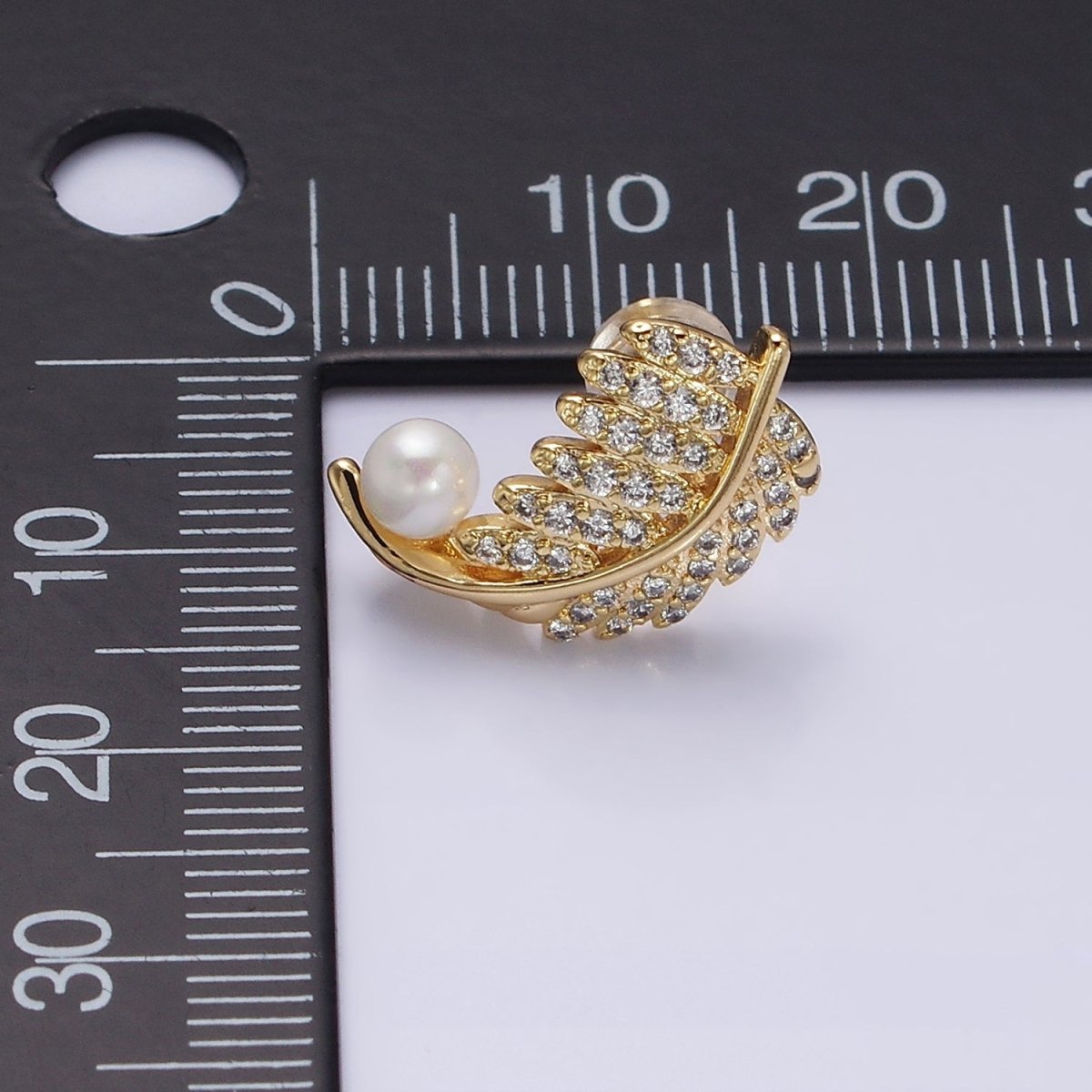 16K Gold Filled Nature Palm Leaf Micro Paved CZ Pearl Curved Stud Earrings in Gold & Silver | AD1253 AD1254 - DLUXCA