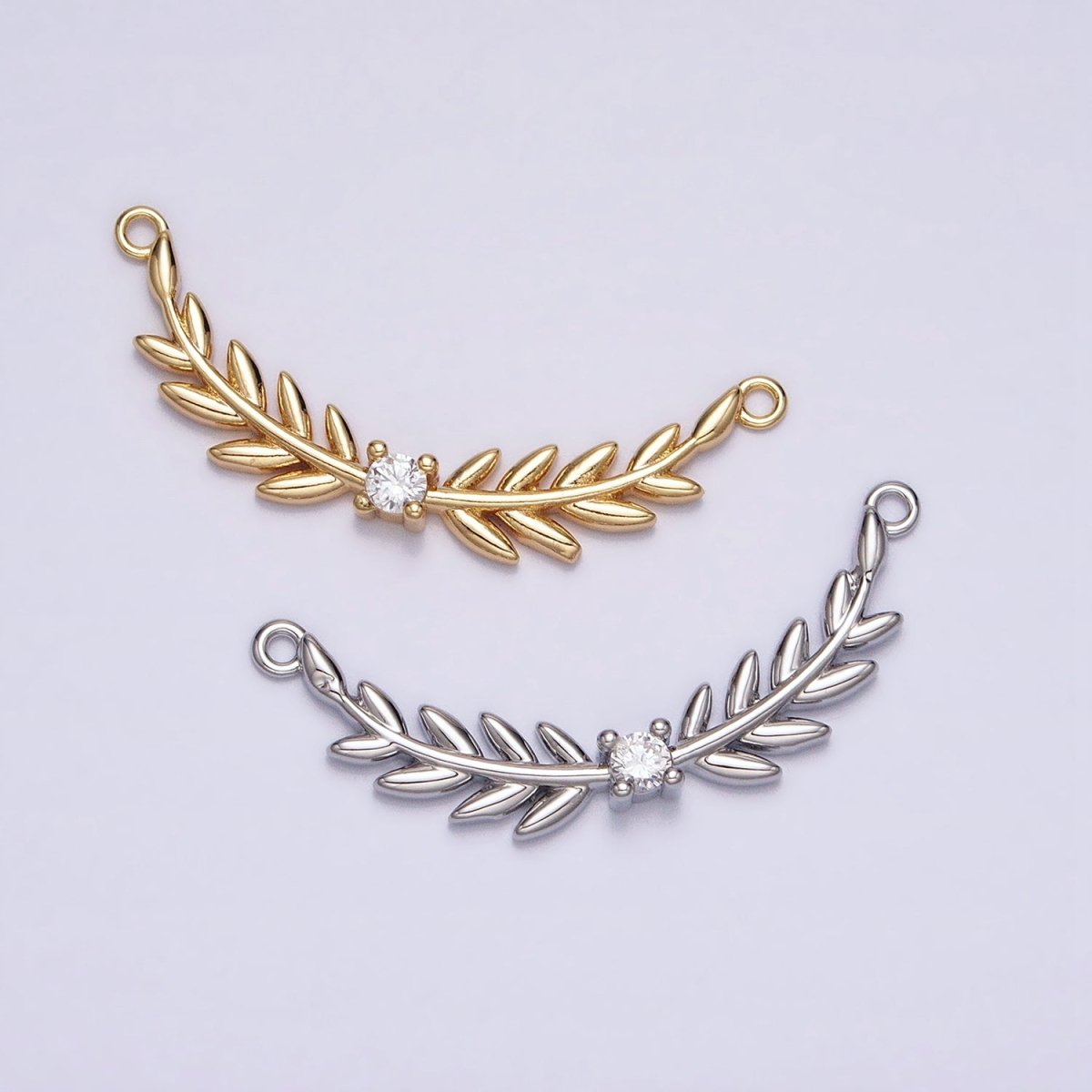 16K Gold Filled Olive Leaves Natural Round Clear CZ Curved Connector in Gold & Silver | AA1005 AA1006 - DLUXCA
