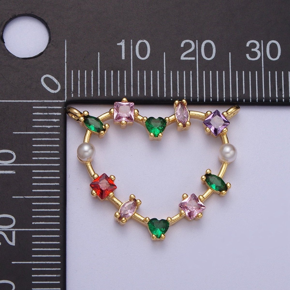 16K Gold Filled Open Heart Baguette Marquise Multicolor Cubic Zirconia & Pearl Connector For Jewelry Making | F-177 - DLUXCA