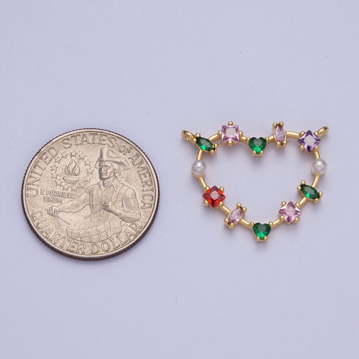 16K Gold Filled Open Heart Baguette Marquise Multicolor Cubic Zirconia & Pearl Connector For Jewelry Making | F-177 - DLUXCA