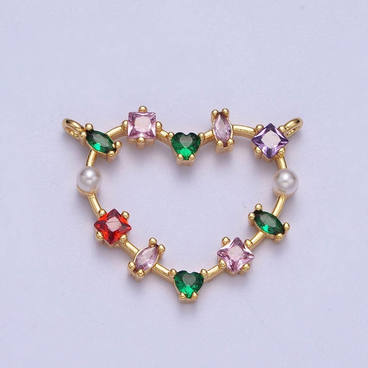 16K Gold Filled Open Heart Baguette Marquise Multicolor Cubic Zirconia & Pearl Connector For Jewelry Making | F-177 - DLUXCA