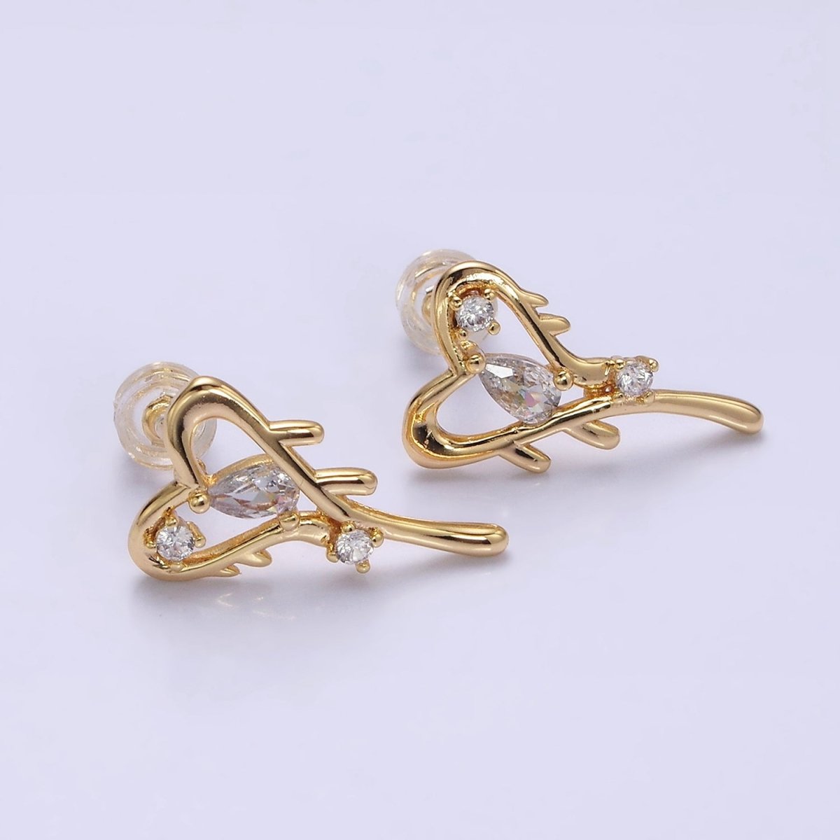 16K Gold Filled Open Heart Clear Teardrop Molten Drip Stud Earrings in Gold & Silver | AD1120 AD1121 - DLUXCA