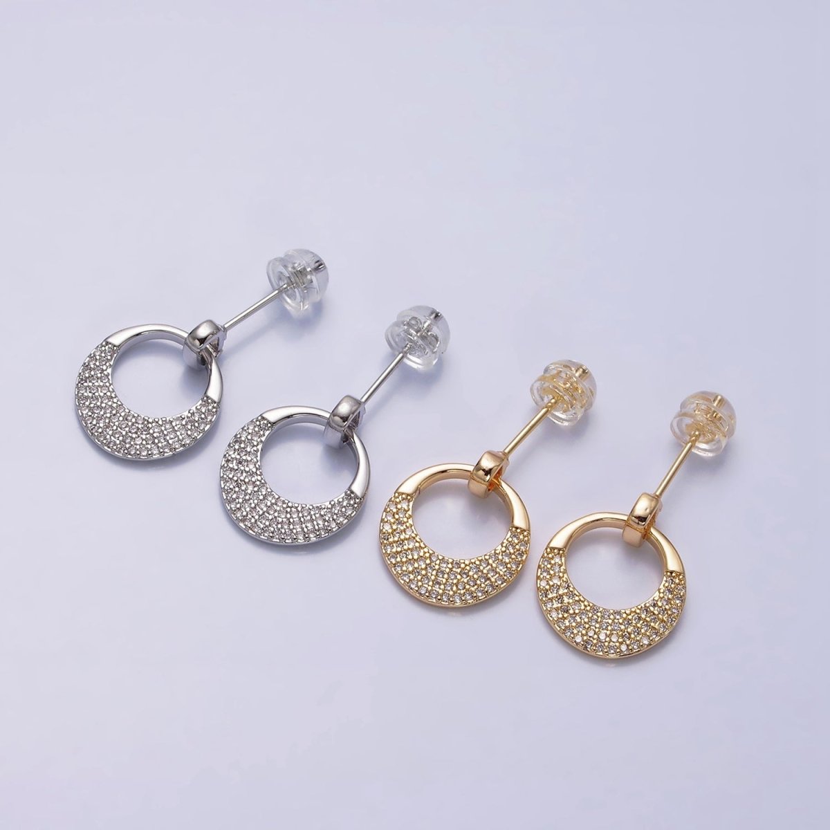 16K Gold Filled Open Micro Paved CZ Round Circle Drop Stud Earrings in Gold & Silver | AD1068 AD1069 - DLUXCA
