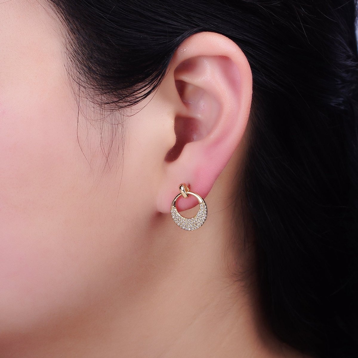 16K Gold Filled Open Micro Paved CZ Round Circle Drop Stud Earrings in Gold & Silver | AD1068 AD1069 - DLUXCA