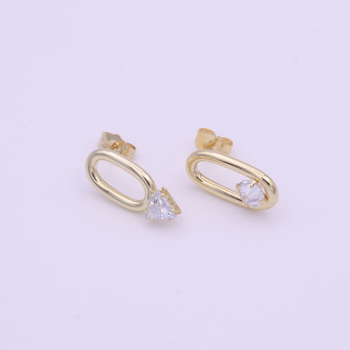 16K Gold FIlled Open Oblong Oval Triangle Round Clear CZ Geometric Stud Earrings | Y-164 - DLUXCA