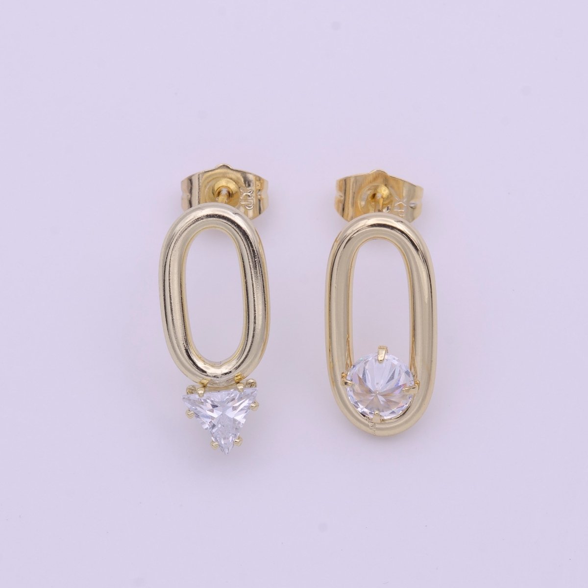 16K Gold FIlled Open Oblong Oval Triangle Round Clear CZ Geometric Stud Earrings | Y-164 - DLUXCA