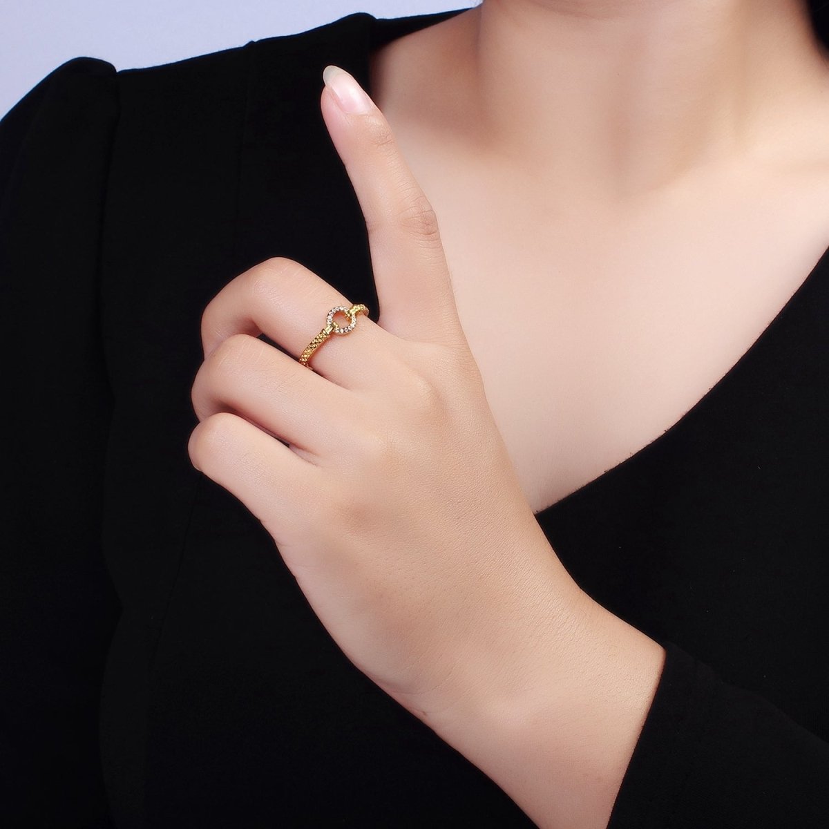 16K Gold Filled Open Round Micro Paved CZ Beaded Band Ring | O1237 - DLUXCA