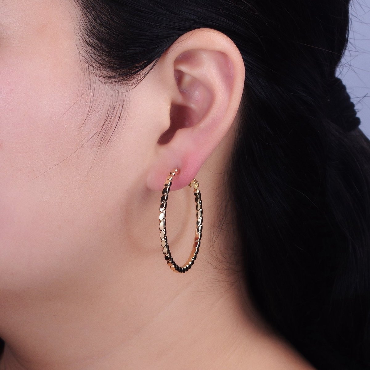 16K Gold Filled Oval Textured Geometric 40mm, 50mm Hinge Hoop Earrings in Gold & Silver | AB-1559 AB-1560 AB-1435 AB-1436 - DLUXCA