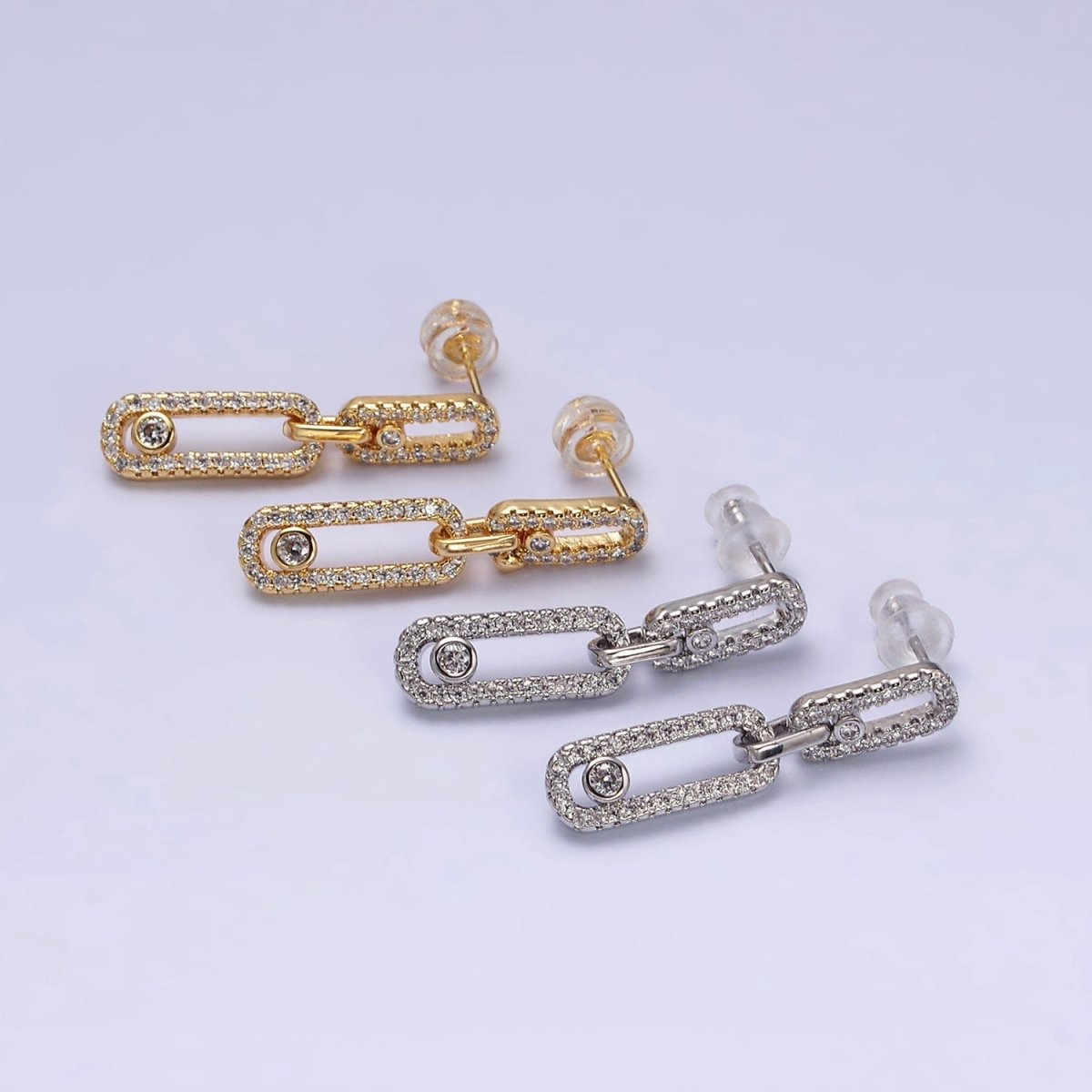 16K Gold Filled Paperclip Triple Link Micro Paved CZ Drop Stud Earring om in Gold & Silver | AD1239 AD1240 - DLUXCA