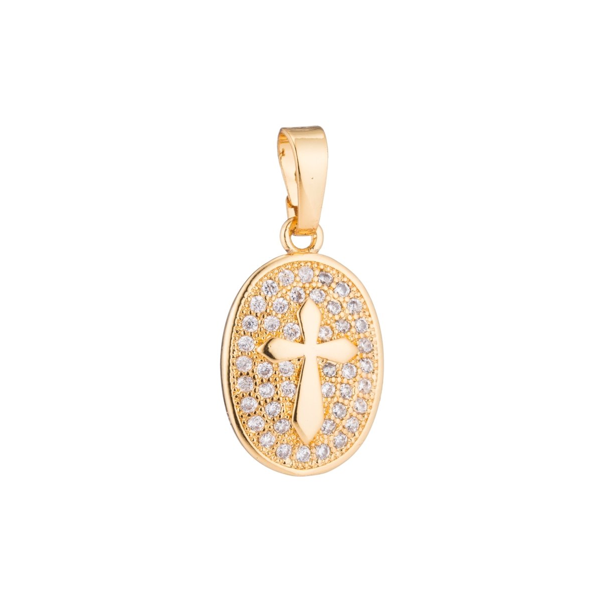 16K Gold Filled Passion Cross Micro Paved CZ Oval Pendant | H096 - DLUXCA