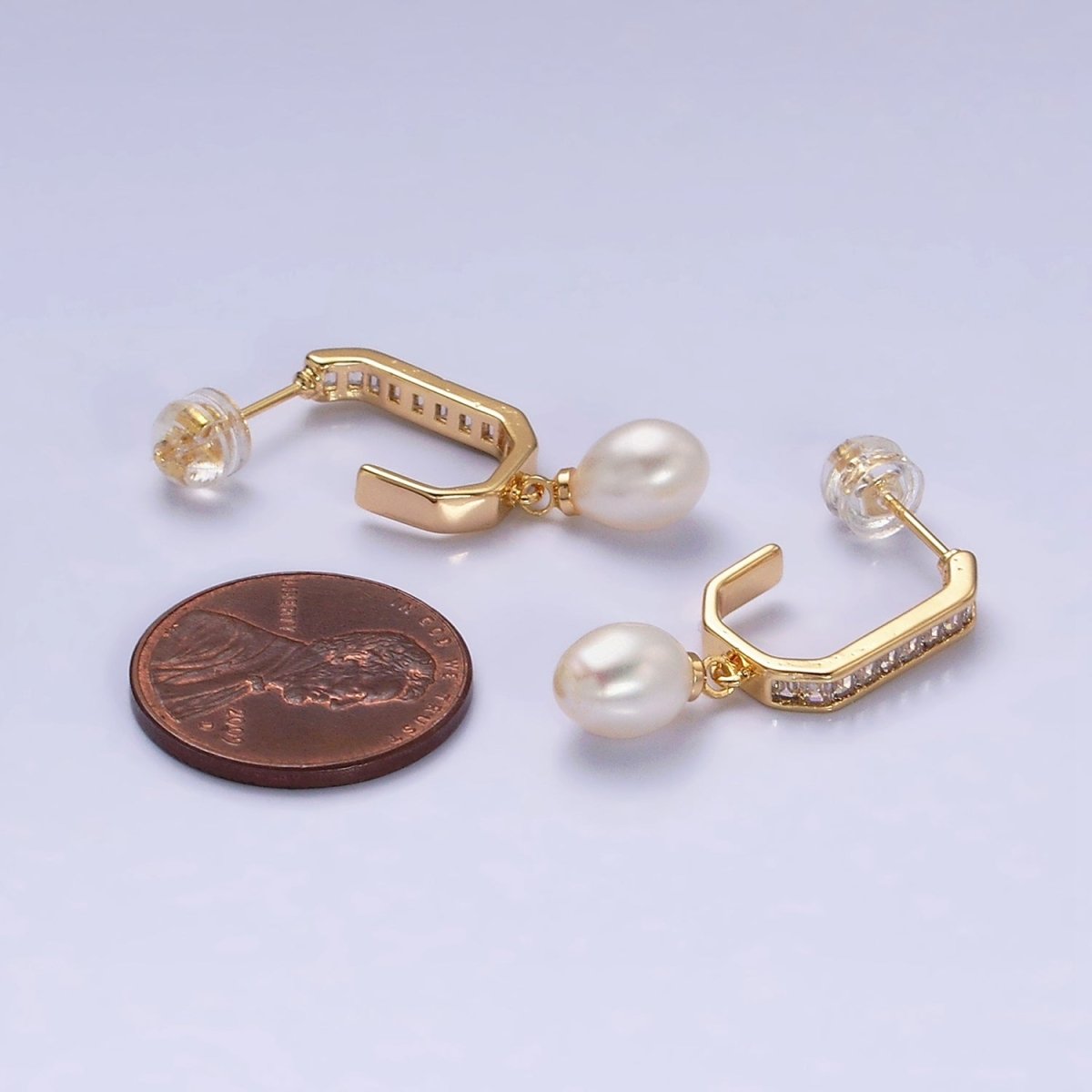 16K Gold Filled Pearl Baguette Lined Hexagonal J-Shaped Drop Earrings in Gold & Silver | AD1130 AD1131 - DLUXCA