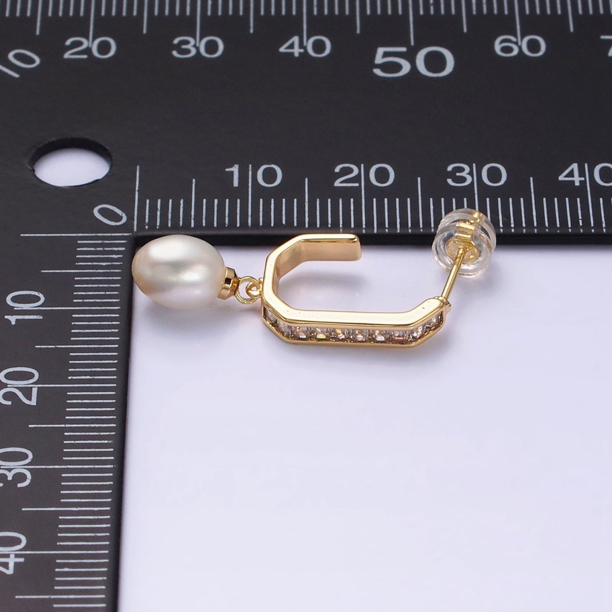 16K Gold Filled Pearl Baguette Lined Hexagonal J-Shaped Drop Earrings in Gold & Silver | AD1130 AD1131 - DLUXCA