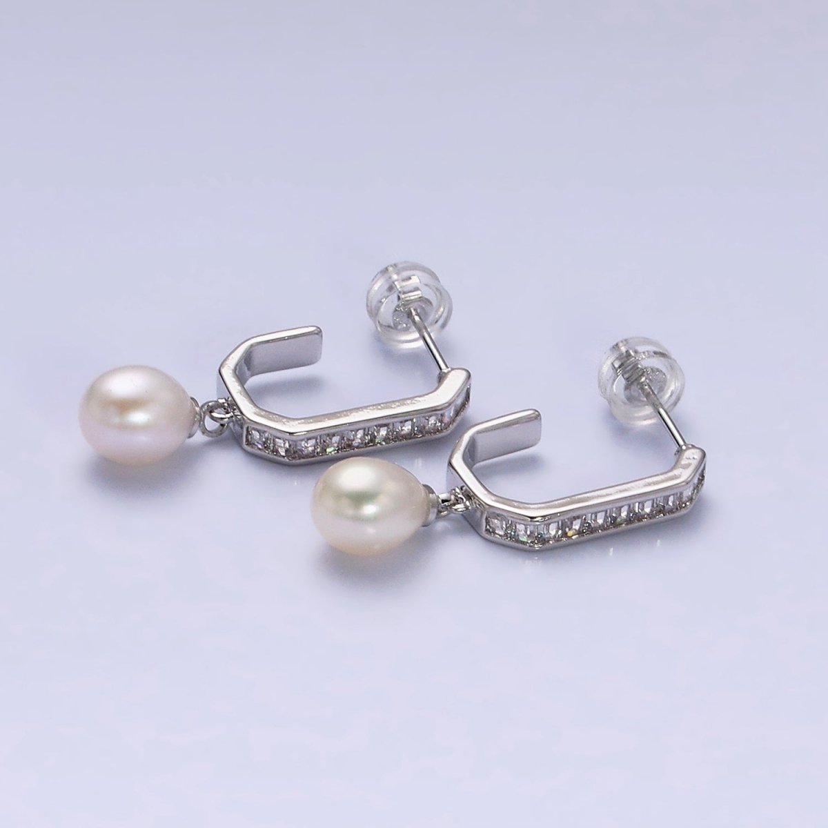 16K Gold Filled Pearl Baguette Lined Hexagonal J-Shaped Drop Earrings in Gold & Silver | AD1130 AD1131 - DLUXCA