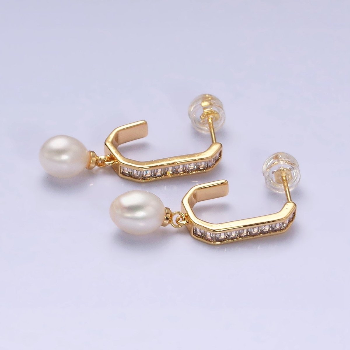 16K Gold Filled Pearl Baguette Lined Hexagonal J-Shaped Drop Earrings in Gold & Silver | AD1130 AD1131 - DLUXCA