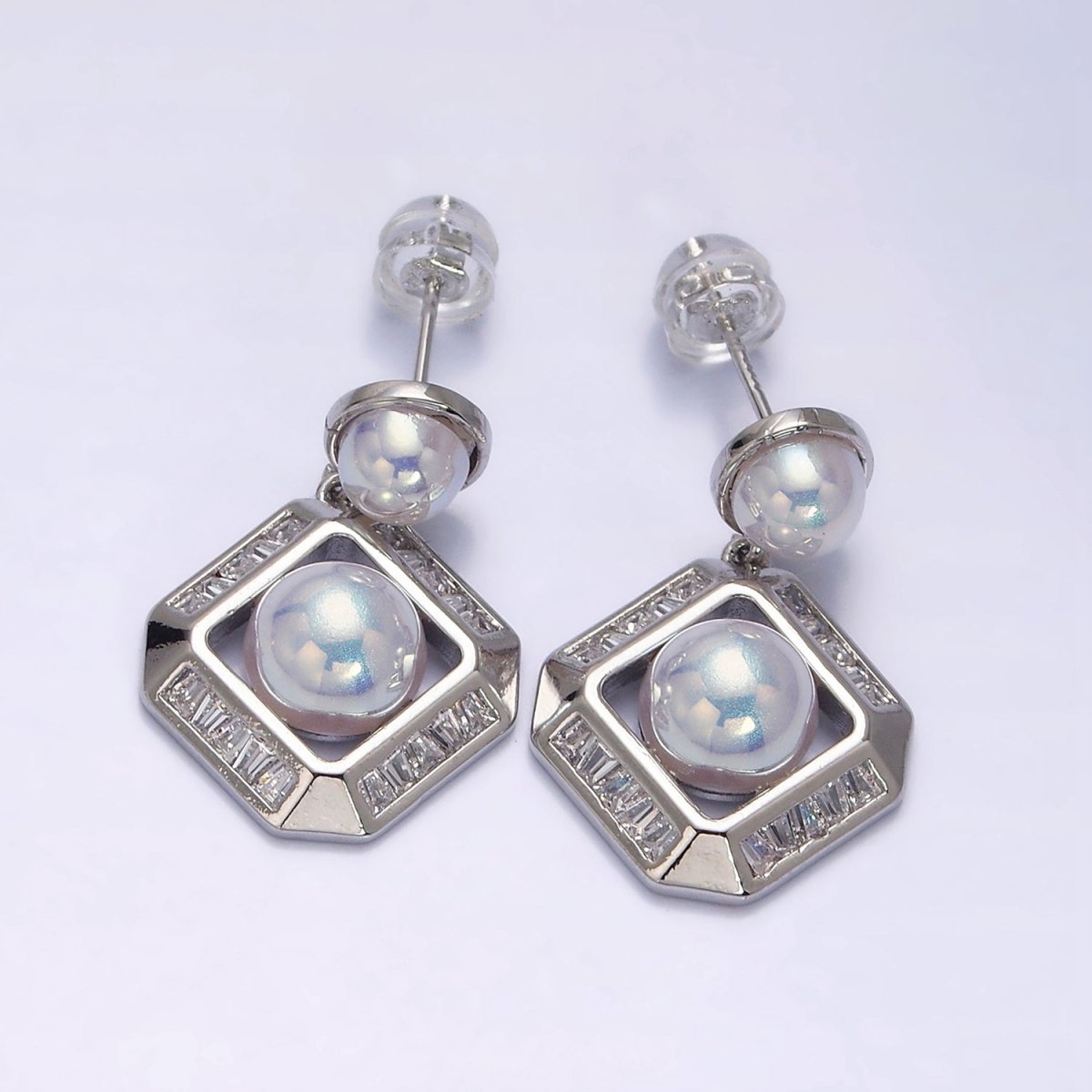 16K Gold Filled Pearl Edged Rhombus Baguette Lined Drop Stud Earrings in Gold & Silver | Y-791 Y-792 - DLUXCA