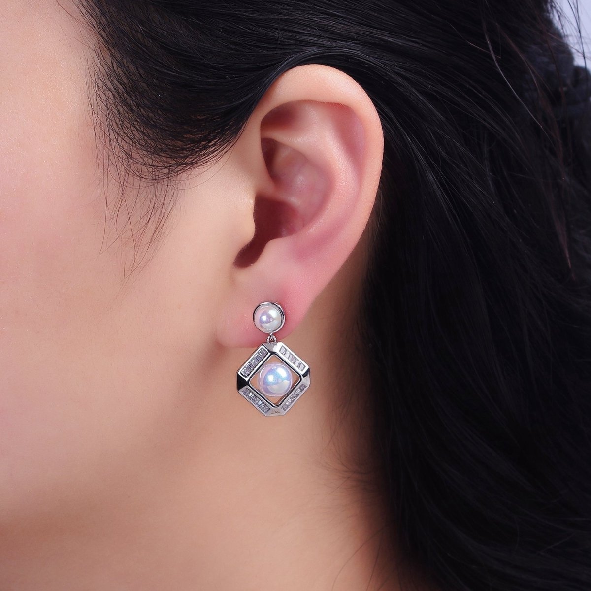 16K Gold Filled Pearl Edged Rhombus Baguette Lined Drop Stud Earrings in Gold & Silver | Y-791 Y-792 - DLUXCA