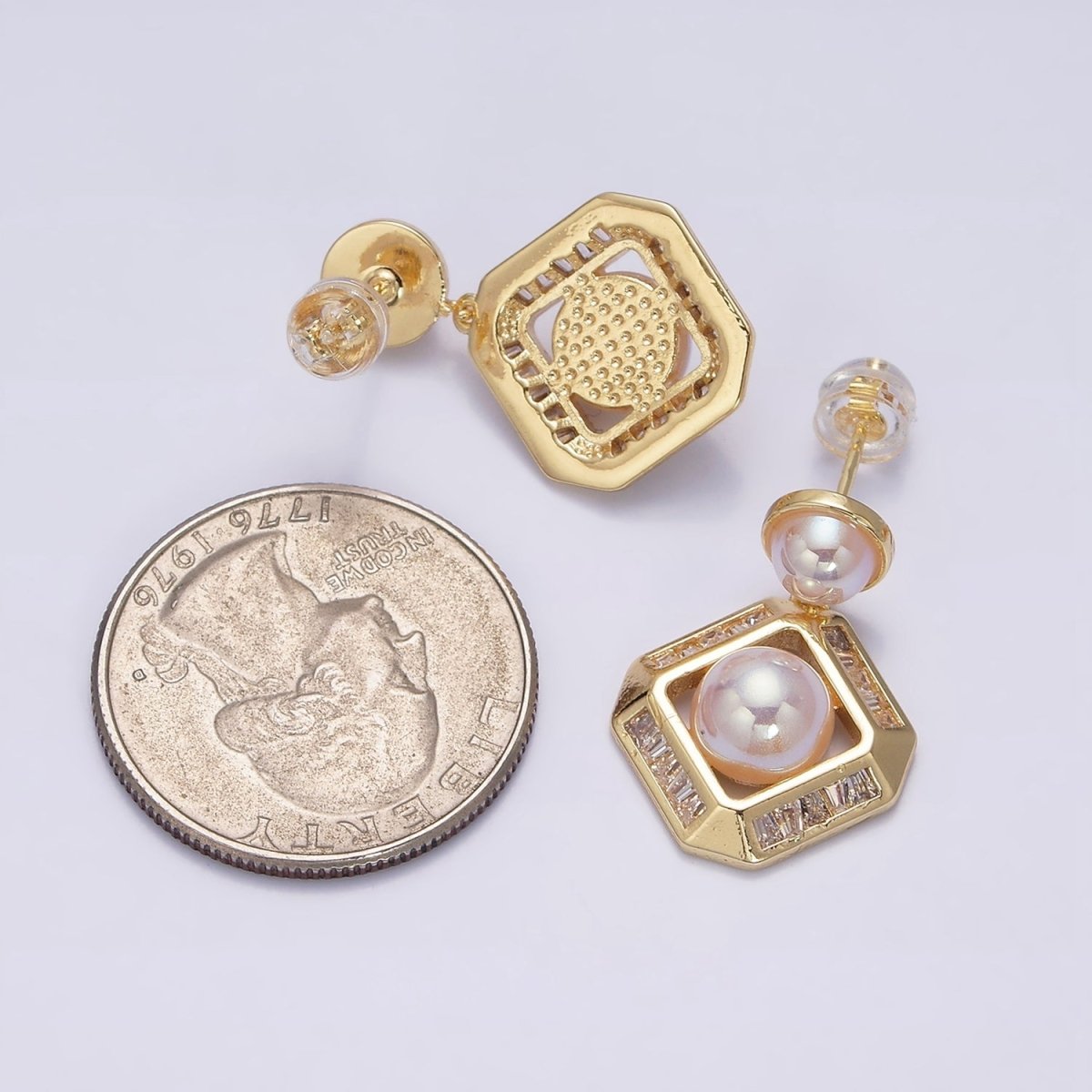 16K Gold Filled Pearl Edged Rhombus Baguette Lined Drop Stud Earrings in Gold & Silver | Y-791 Y-792 - DLUXCA