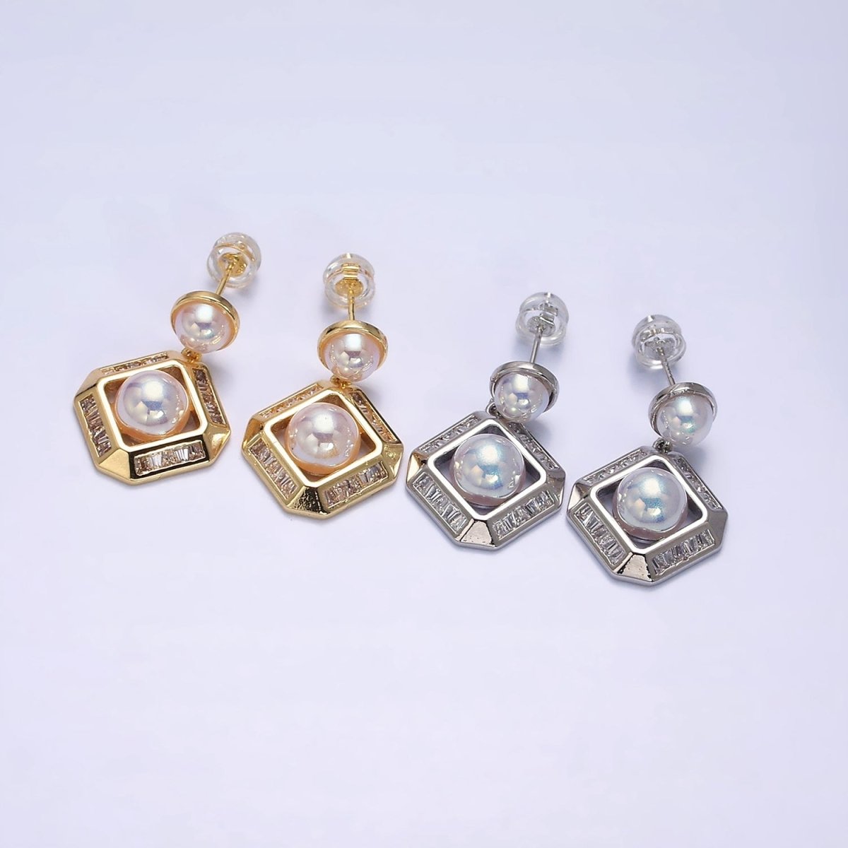 16K Gold Filled Pearl Edged Rhombus Baguette Lined Drop Stud Earrings in Gold & Silver | Y-791 Y-792 - DLUXCA