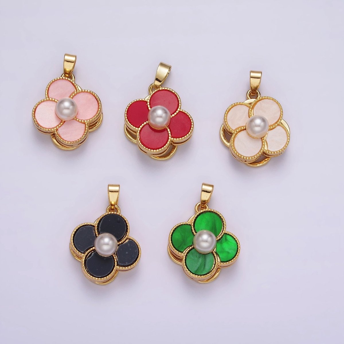 16K Gold Filled Pearl Flower Quatrefoil Spinner Pendant | AA1099 - AA1101 - DLUXCA