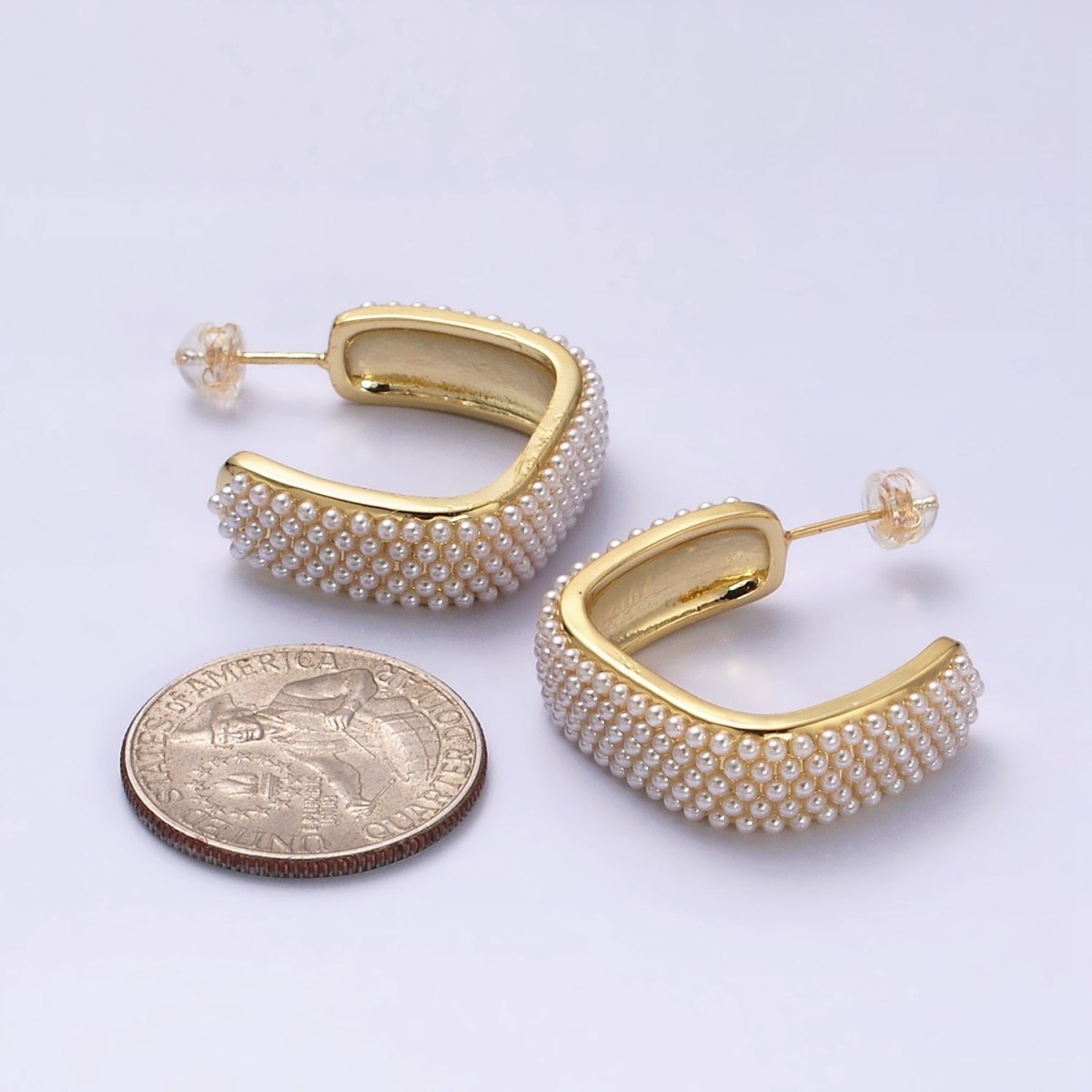 16K Gold Filled Pearl Lined Boxy C-Shaped Hoop Earrings in Gold & Silver | AE049 AE050 - DLUXCA