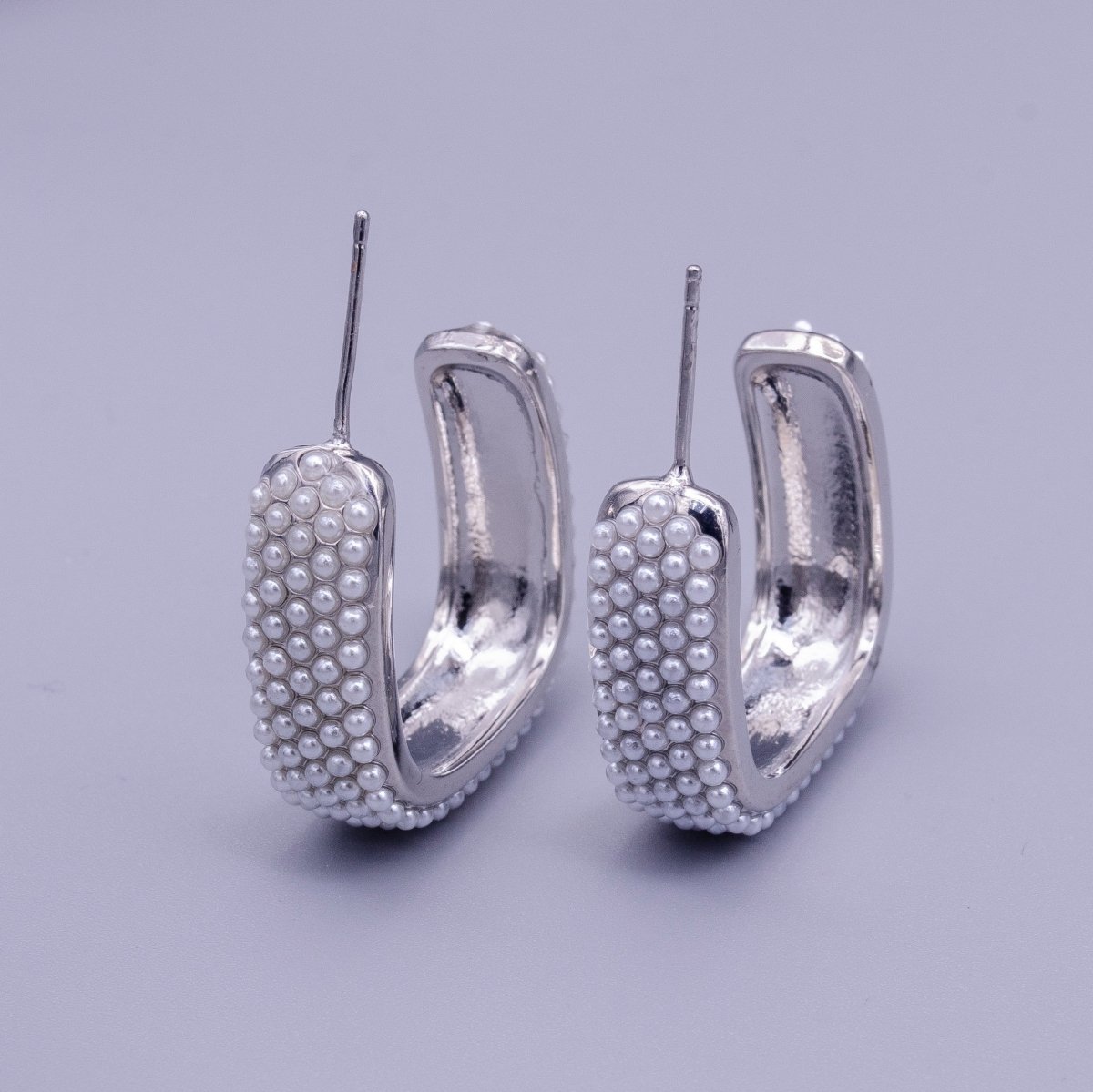 16K Gold Filled Pearl Lined Boxy C-Shaped Hoop Earrings in Gold & Silver | AE049 AE050 - DLUXCA