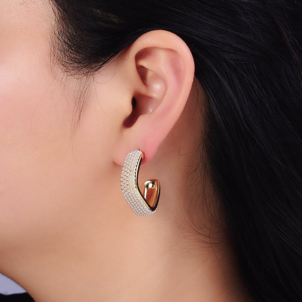 16K Gold Filled Pearl Lined Boxy C-Shaped Hoop Earrings in Gold & Silver | AE049 AE050 - DLUXCA