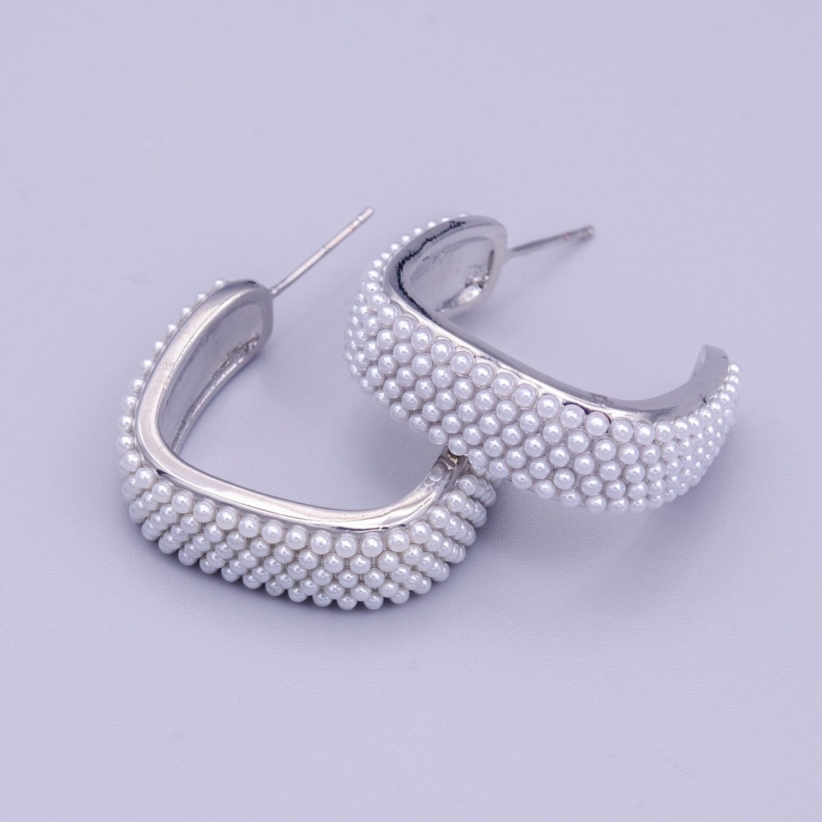 16K Gold Filled Pearl Lined Boxy C-Shaped Hoop Earrings in Gold & Silver | AE049 AE050 - DLUXCA