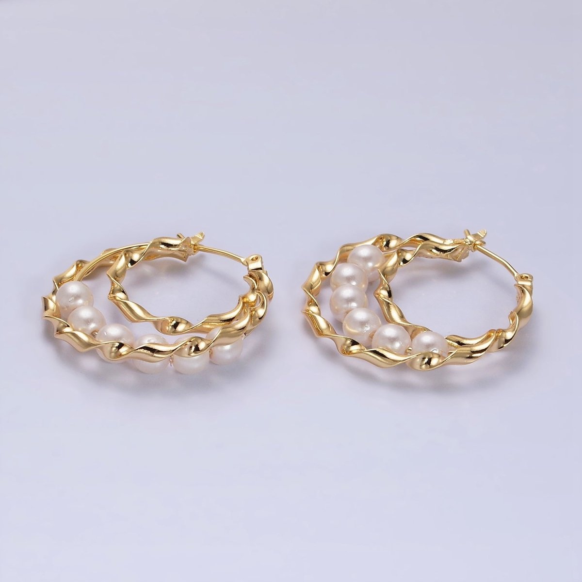 16K Gold Filled Pearl Lined Triple Twisted Bar Latch Earrings | AD947 - DLUXCA