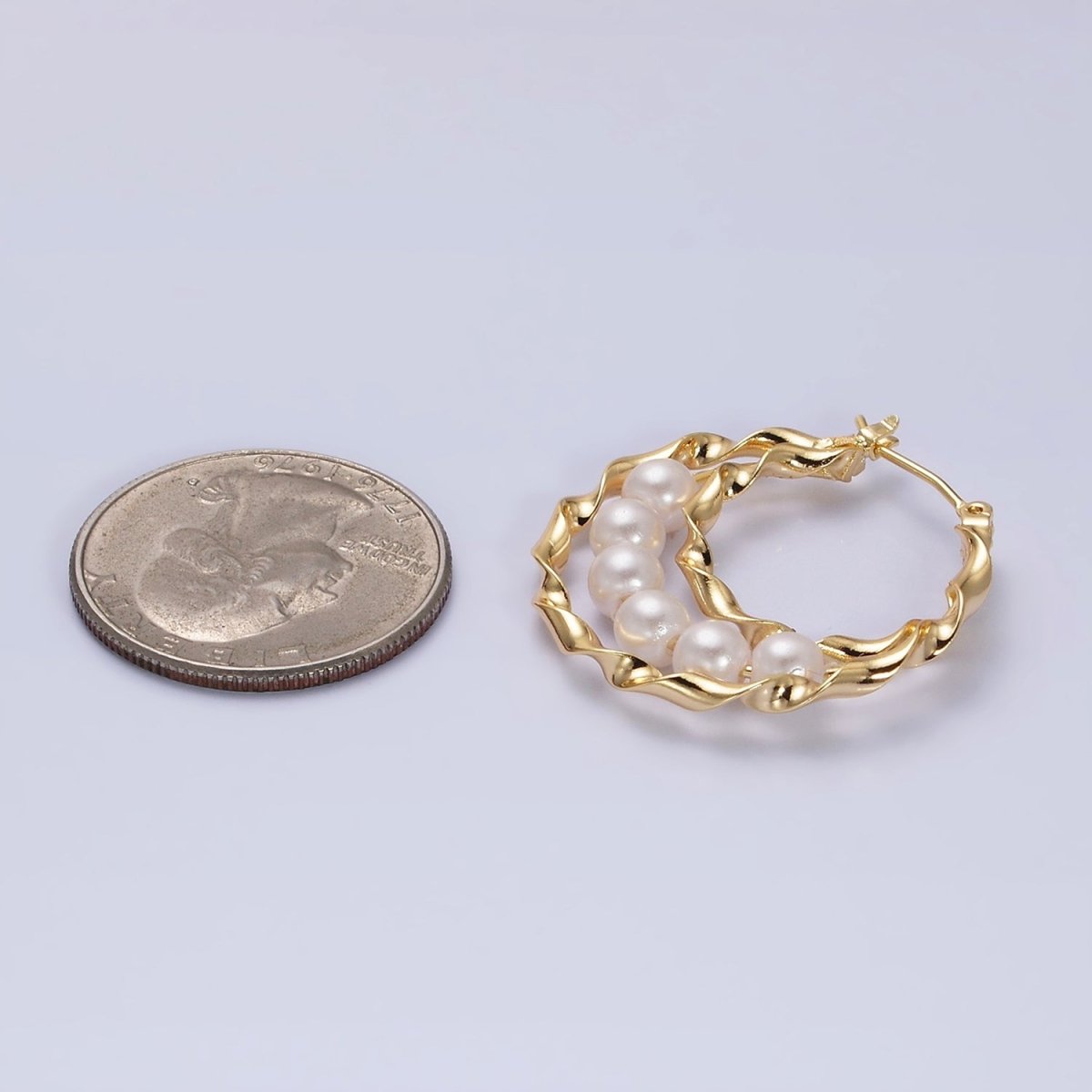 16K Gold Filled Pearl Lined Triple Twisted Bar Latch Earrings | AD947 - DLUXCA