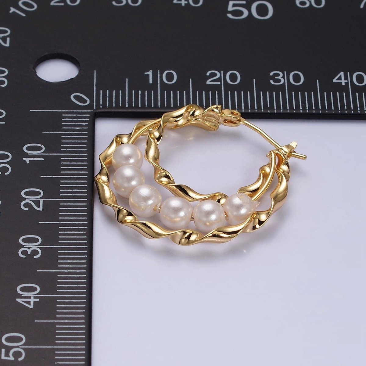 16K Gold Filled Pearl Lined Triple Twisted Bar Latch Earrings | AD947 - DLUXCA