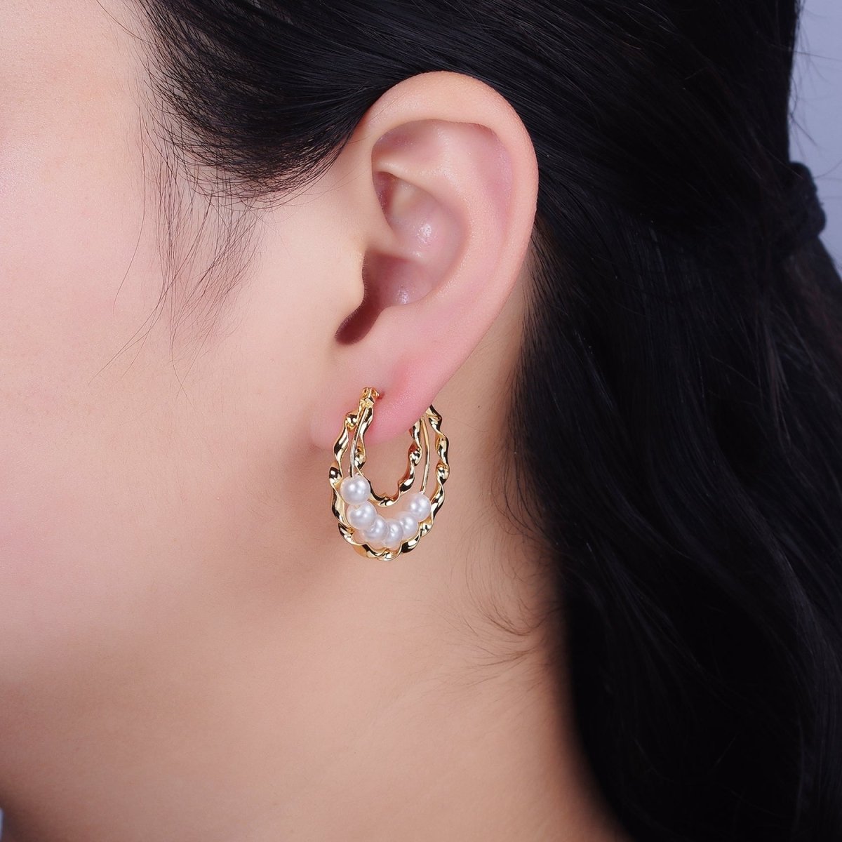 16K Gold Filled Pearl Lined Triple Twisted Bar Latch Earrings | AD947 - DLUXCA