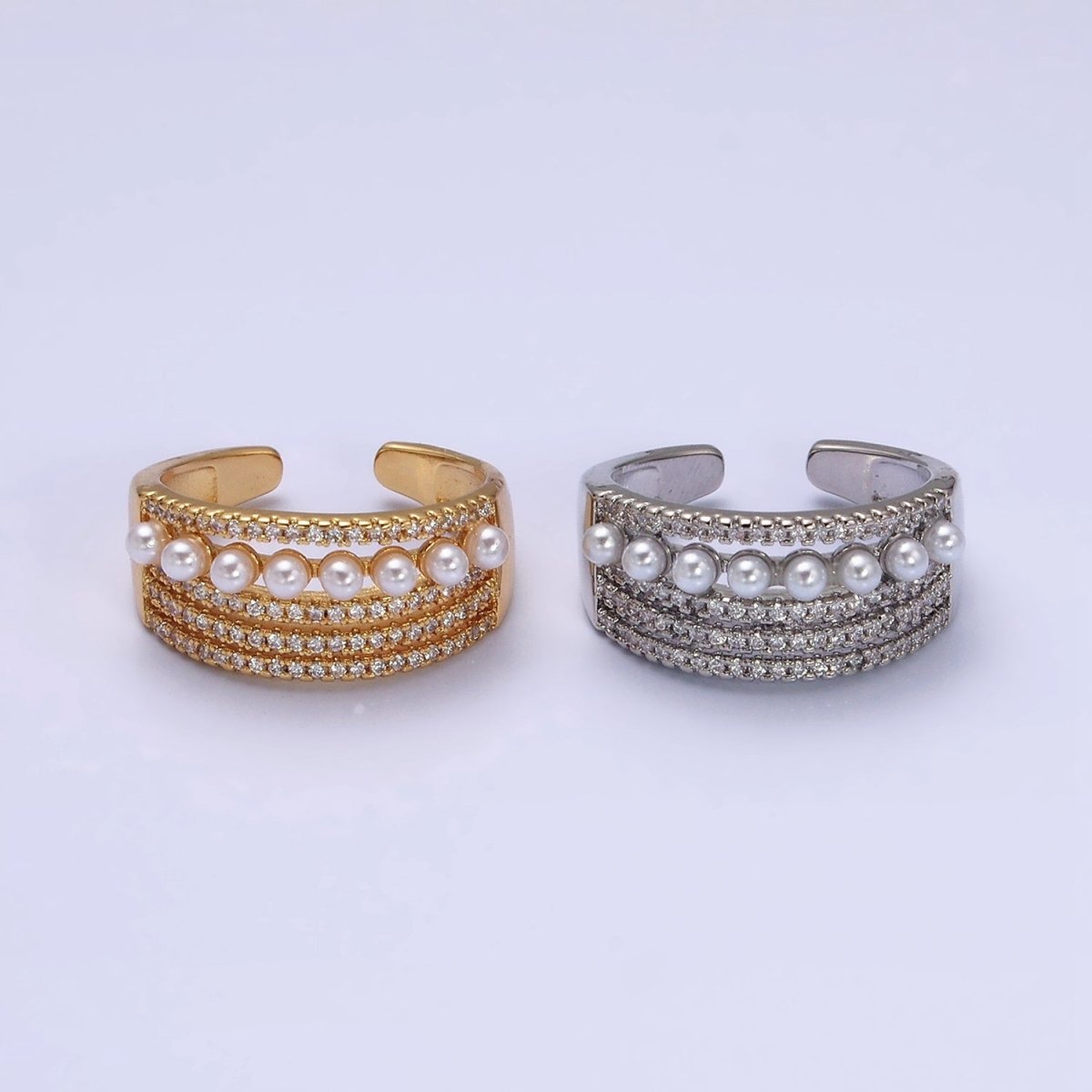 16K Gold Filled Pearl Micro Paved Lined Statement Ring in Gold & Silver | O-1978 O-1979 - DLUXCA