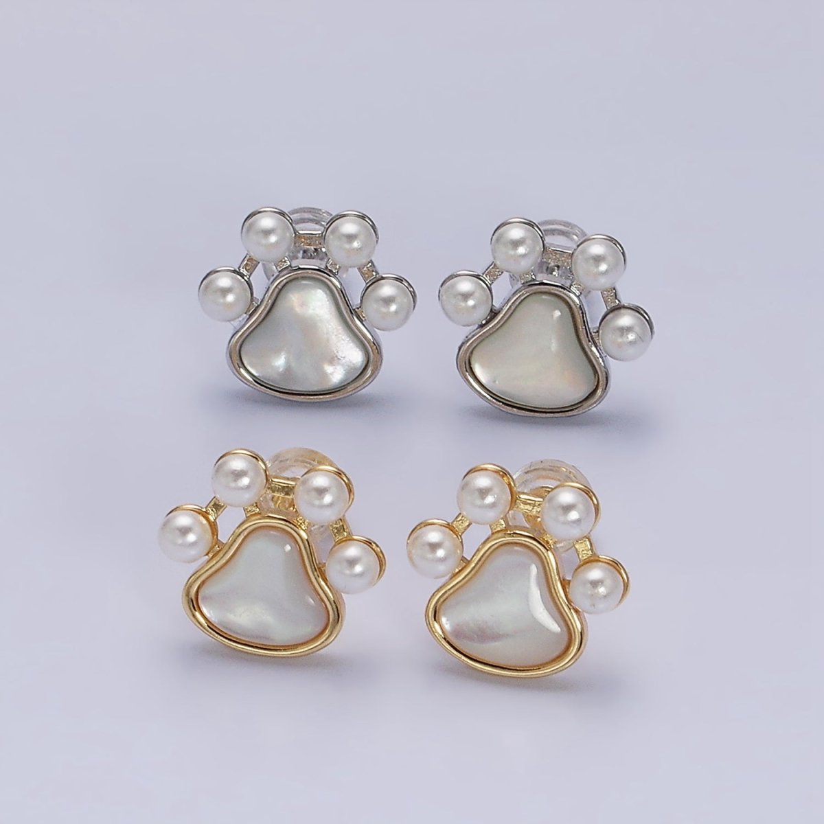 16K Gold Filled Pet Pawprint Animal Shell Pearl Stud Earrings in Gold & Silver | AD952 AD953 - DLUXCA