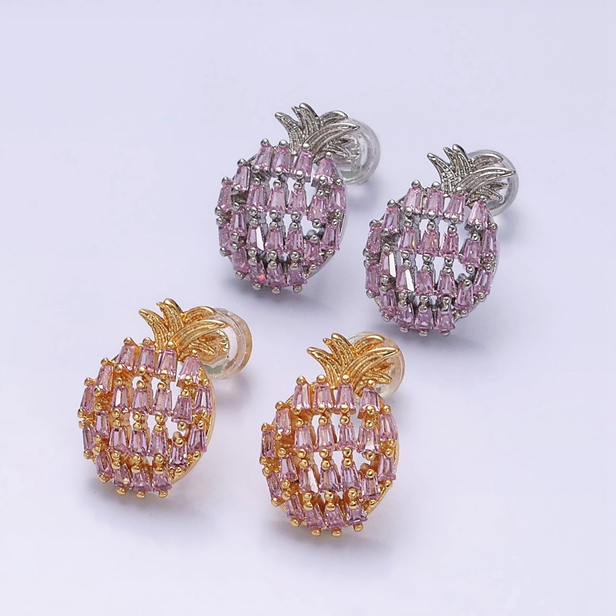 16K Gold Filled Pink Baguette CZ Pineapple Fruit Stud Earrings in Gold & Silver | AD968 AD969 - DLUXCA