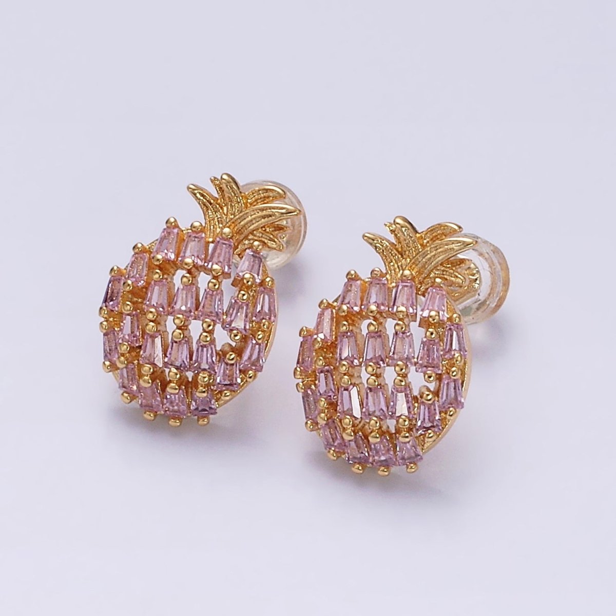 16K Gold Filled Pink Baguette CZ Pineapple Fruit Stud Earrings in Gold & Silver | AD968 AD969 - DLUXCA