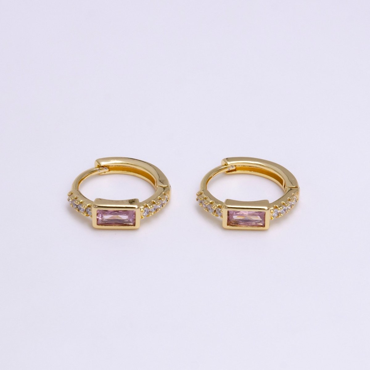 16K Gold Filled Pink Baguette Micro Paved 12.5mm Thin Cartilage Earrings in Silver & Gold | AB1545 AE772 - DLUXCA