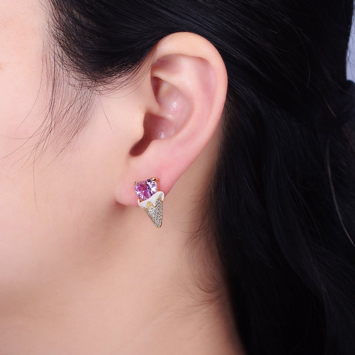 16K Gold Filled Pink CZ Heart Ice Cream Cone Micro Paved Stud Earrings in Gold & Silver | AD948 AD949 - DLUXCA