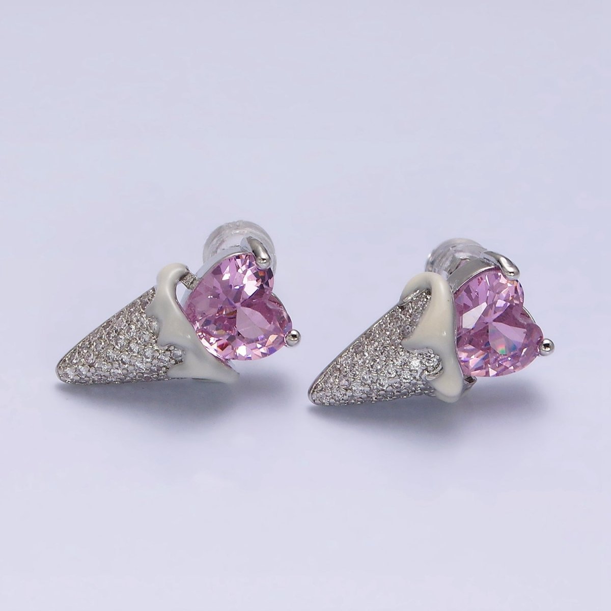 16K Gold Filled Pink CZ Heart Ice Cream Cone Micro Paved Stud Earrings in Gold & Silver | AD948 AD949 - DLUXCA