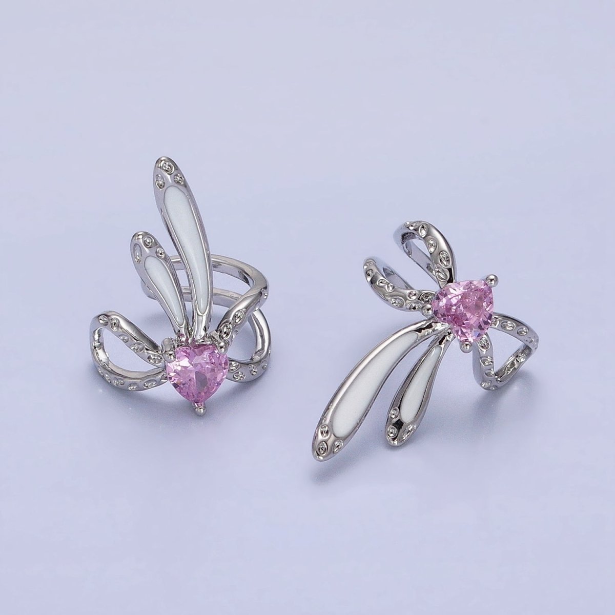 16K Gold Filled Pink CZ Heart White Bunny Ears Hammered Double Band Ear Cuff Earrings in Silver & Gold | AI013 AI014 - DLUXCA