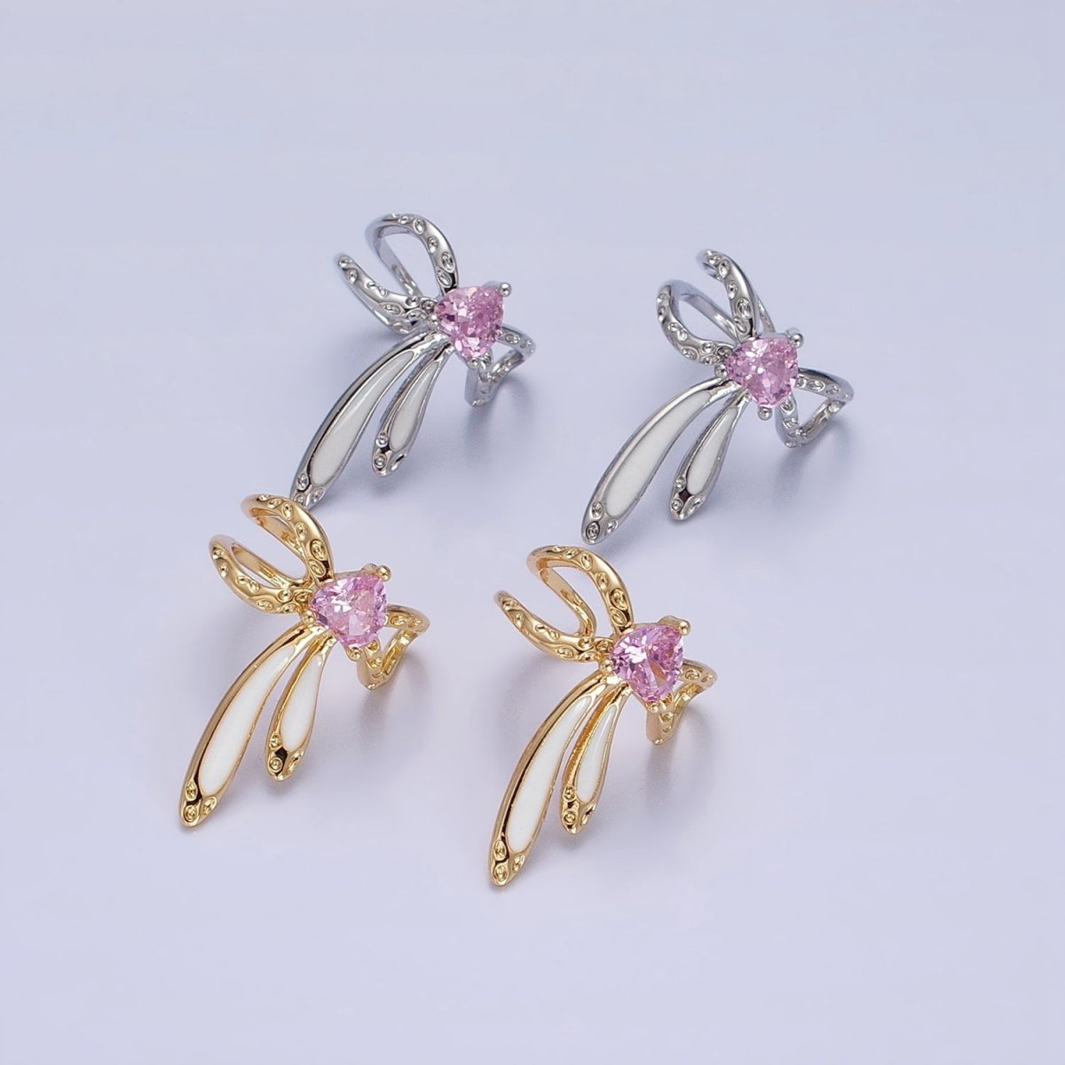 16K Gold Filled Pink CZ Heart White Bunny Ears Hammered Double Band Ear Cuff Earrings in Silver & Gold | AI013 AI014 - DLUXCA